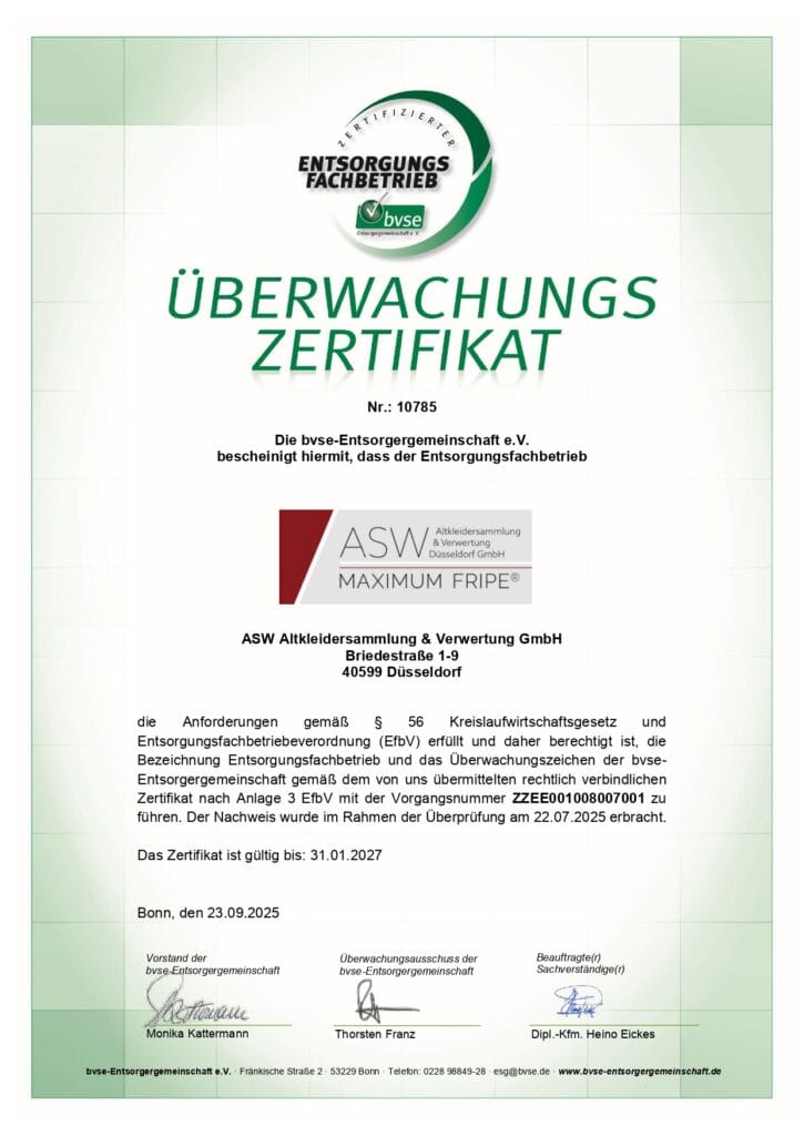 Offizielles Überwachungszertifikat für ASW Altkleidersammlung & Verwertung Düsseldorf GmbH