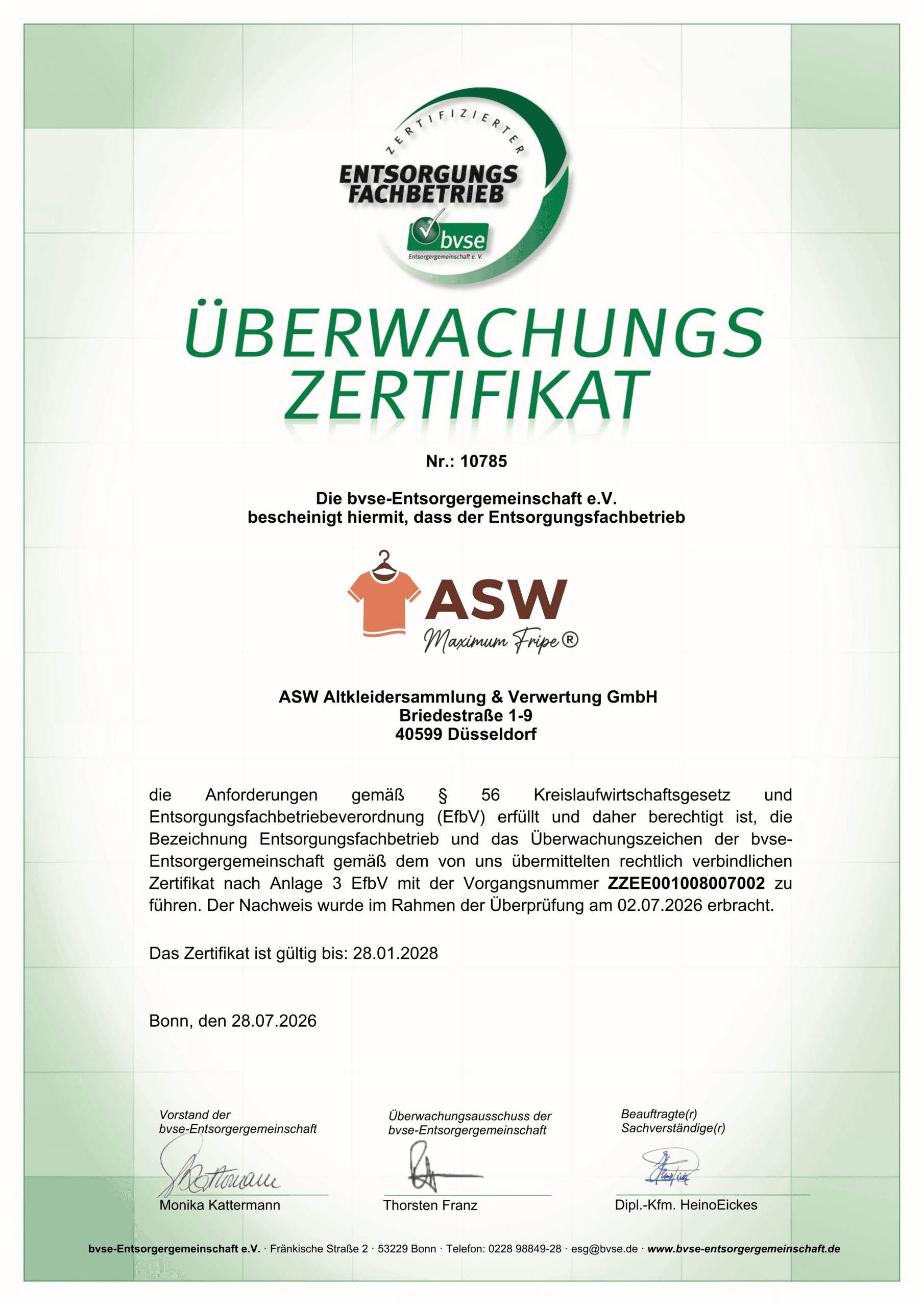 Neues offizielles Prüfzertifikat für ASW Altkleidersammlung & Verwertung Düsseldorf GmbH MAXIMUM FRIPE®️